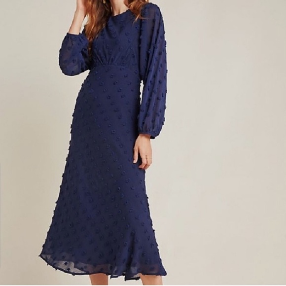 Anthropologie Dresses & Skirts - ANTHROPOLOGIE Eri + Ali Michaela Textured Dot Midi Dress 2 Navy